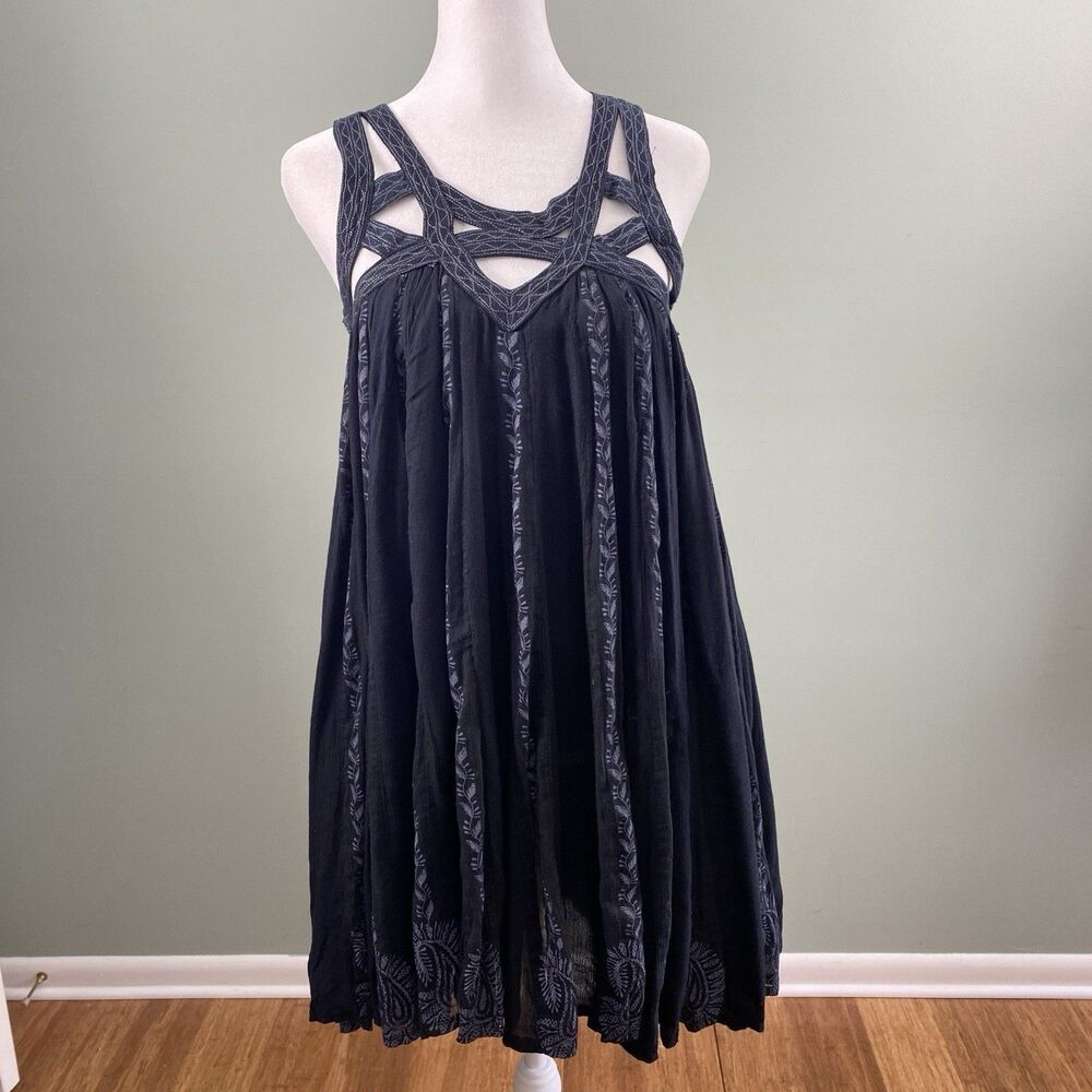 Free People One Paisley Vine Lattice Mini Babydoll Dress Womens Small Black